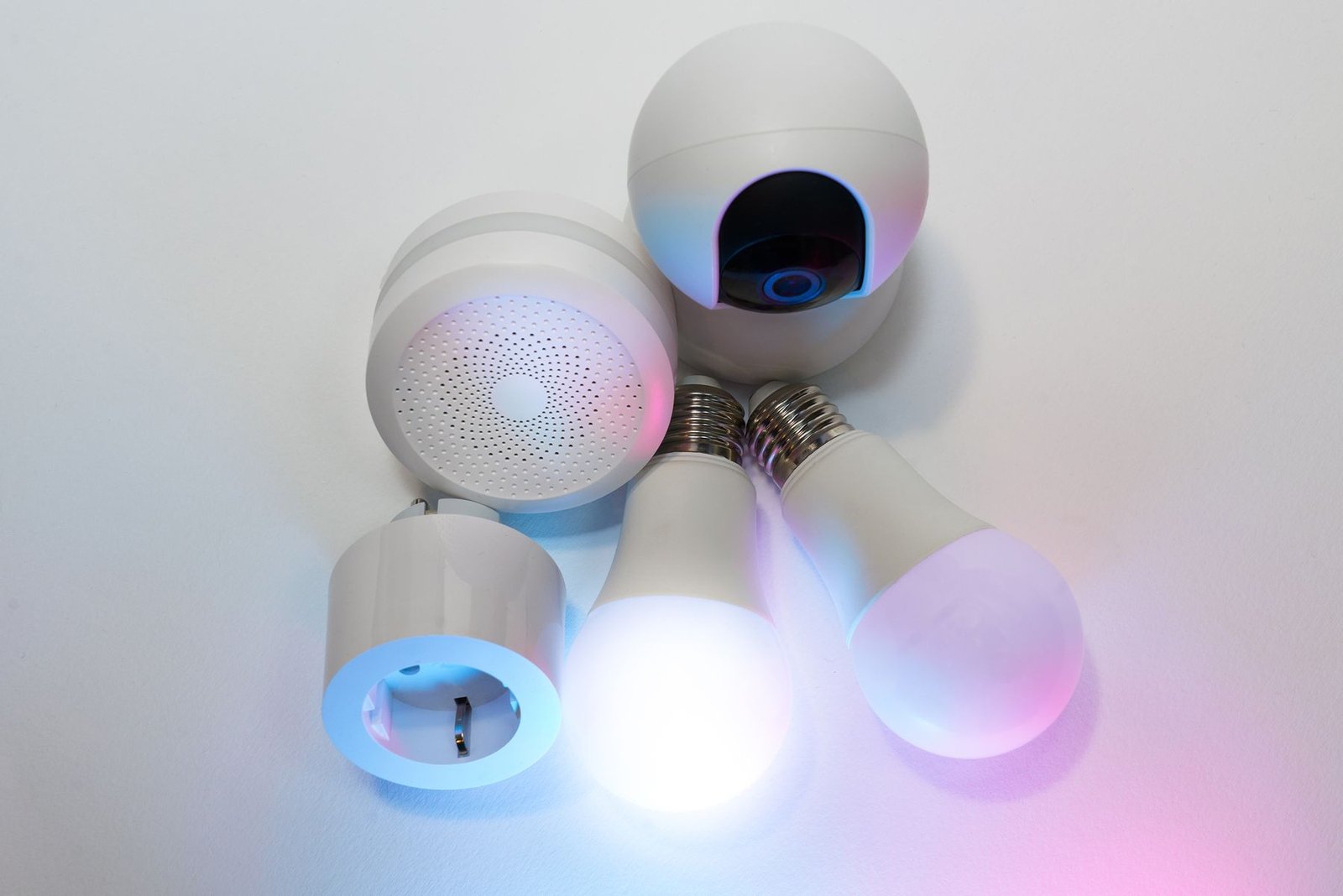 Smart home devices including bulbs, camera, hubs, and connected controls.